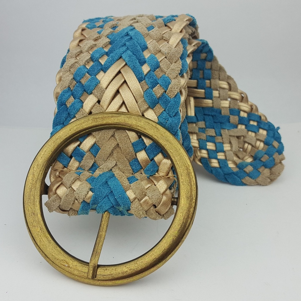 Blue & Gold Suede Leather Braided Woven Belt